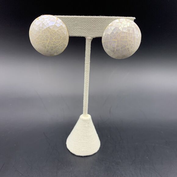 Karla Jordan Mother Of Pearl Earrings Omega Pierced Round Mosaic Look Vintage - Picture 2 of 7